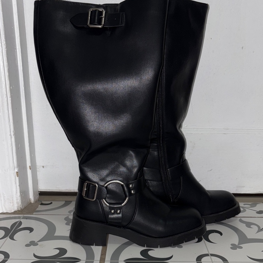 Source Unknown Black Combat Moto Boots with Harness Detail Wide Calf Size 9